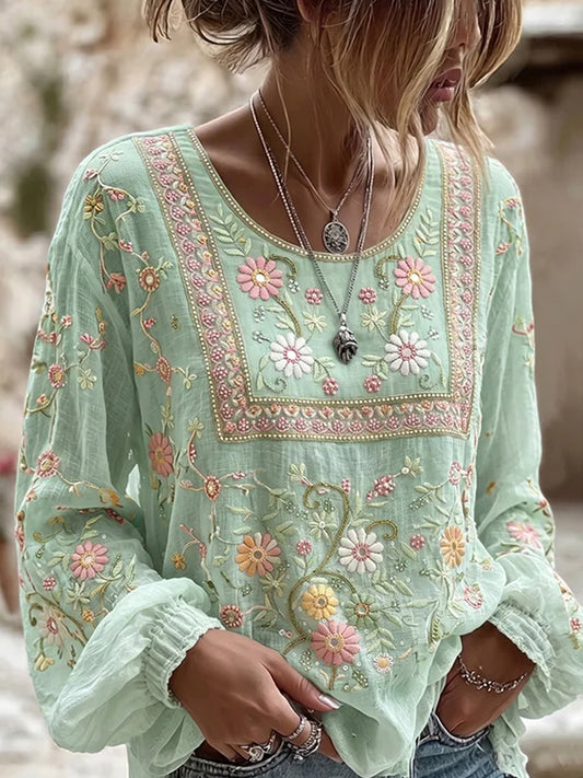Damen-Top aus Baumwolle-Leinen im Vintage-Stil mit floraler Kunstprint-Optik