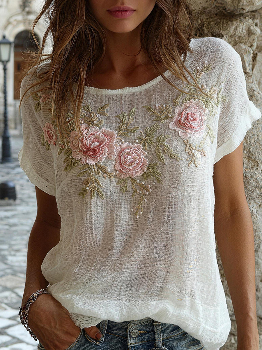 Frauen-Blumen-Stickerei-Muster Leinen-Mischung-Shirt