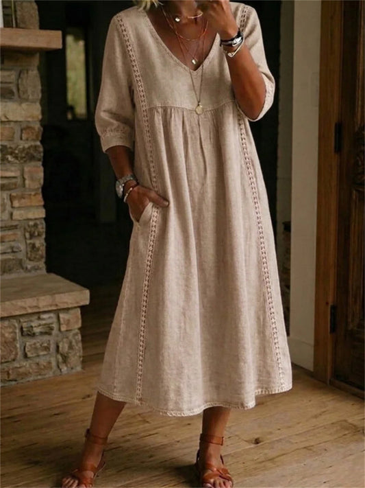 Einfaches, plissiertes Maxikleid für Damen mit Spitzen-Patchwork und mittellangen Ärmeln