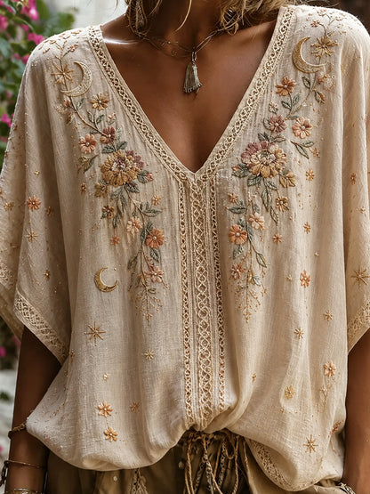 Damen-Top aus Baumwolle-Leinen im Vintage-Stil mit floraler Kunstprint-Optik
