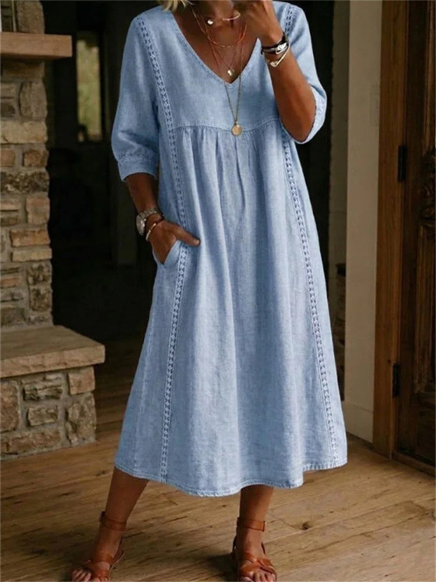 Einfaches, plissiertes Maxikleid für Damen mit Spitzen-Patchwork und mittellangen Ärmeln