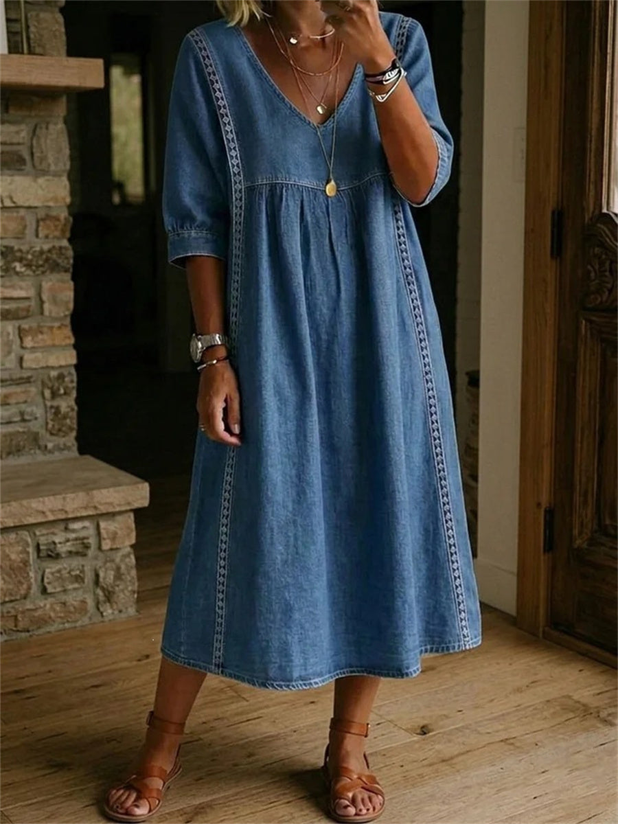 Einfaches, plissiertes Maxikleid für Damen mit Spitzen-Patchwork und mittellangen Ärmeln