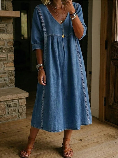 Einfaches, plissiertes Maxikleid für Damen mit Spitzen-Patchwork und mittellangen Ärmeln