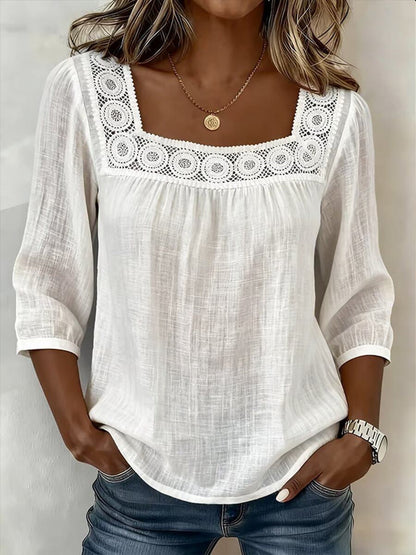 Damen-Boho-Tunika mit ausgeschnittenem Spitzen-Patchwork und bequemen Mittelärmeln