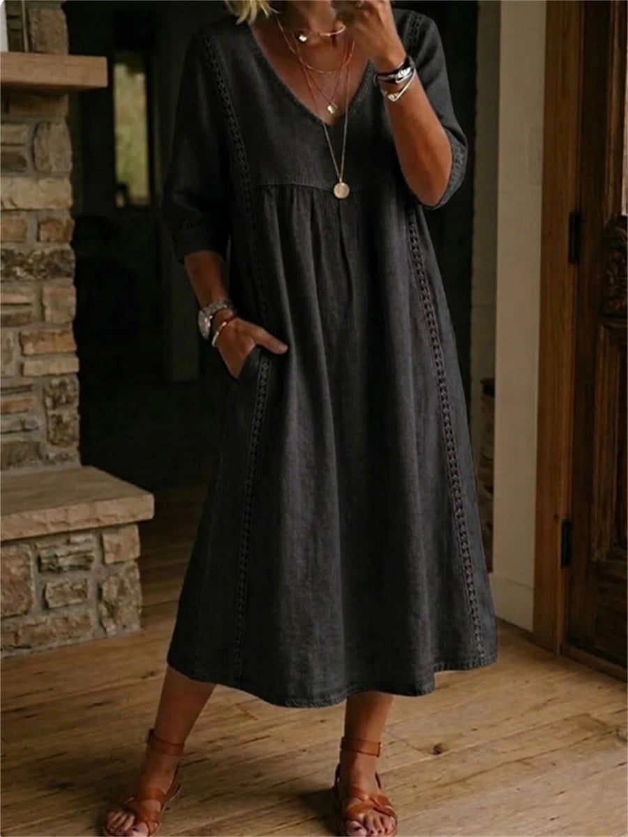 Einfaches, plissiertes Maxikleid für Damen mit Spitzen-Patchwork und mittellangen Ärmeln