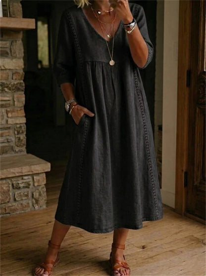 Einfaches, plissiertes Maxikleid für Damen mit Spitzen-Patchwork und mittellangen Ärmeln