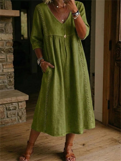 Einfaches, plissiertes Maxikleid für Damen mit Spitzen-Patchwork und mittellangen Ärmeln