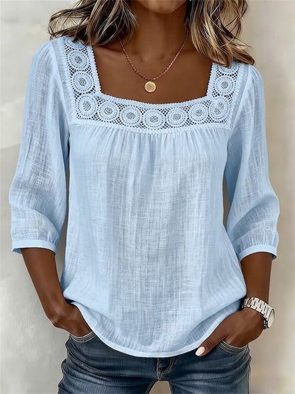 Damen-Boho-Tunika mit ausgeschnittenem Spitzen-Patchwork und bequemen Mittelärmeln