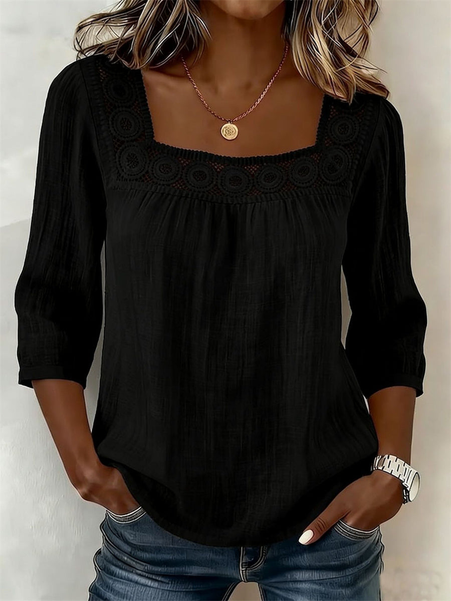 Damen-Boho-Tunika mit ausgeschnittenem Spitzen-Patchwork und bequemen Mittelärmeln
