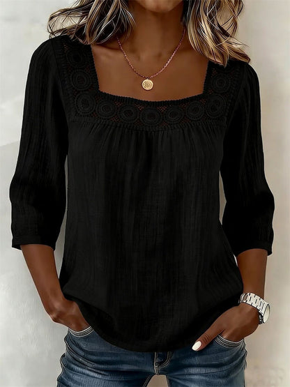 Damen-Boho-Tunika mit ausgeschnittenem Spitzen-Patchwork und bequemen Mittelärmeln