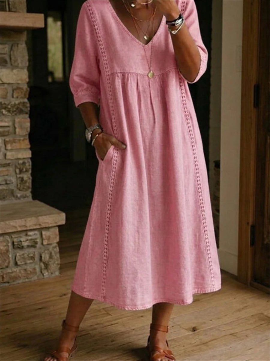 Einfaches, plissiertes Maxikleid für Damen mit Spitzen-Patchwork und mittellangen Ärmeln
