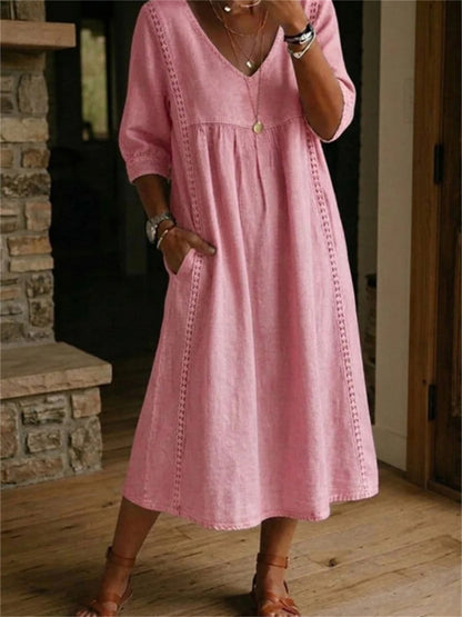 Einfaches, plissiertes Maxikleid für Damen mit Spitzen-Patchwork und mittellangen Ärmeln