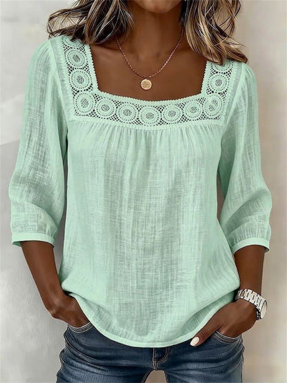 Damen-Boho-Tunika mit ausgeschnittenem Spitzen-Patchwork und bequemen Mittelärmeln