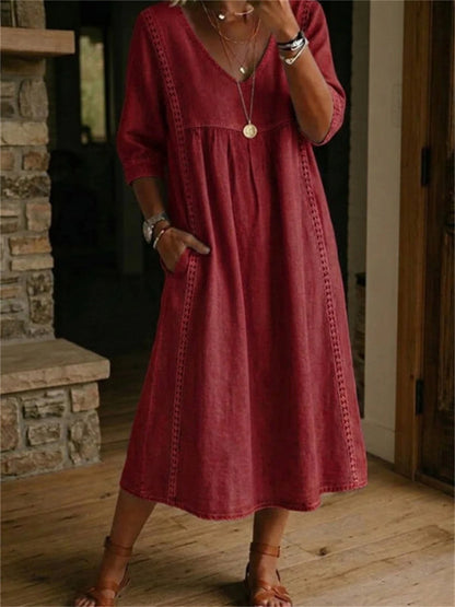 Einfaches, plissiertes Maxikleid für Damen mit Spitzen-Patchwork und mittellangen Ärmeln
