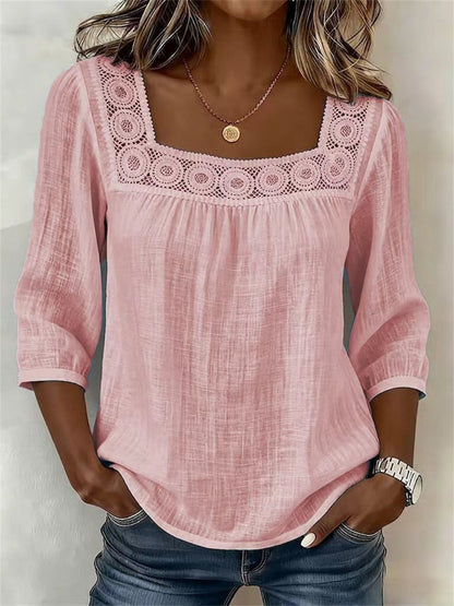 Damen-Boho-Tunika mit ausgeschnittenem Spitzen-Patchwork und bequemen Mittelärmeln