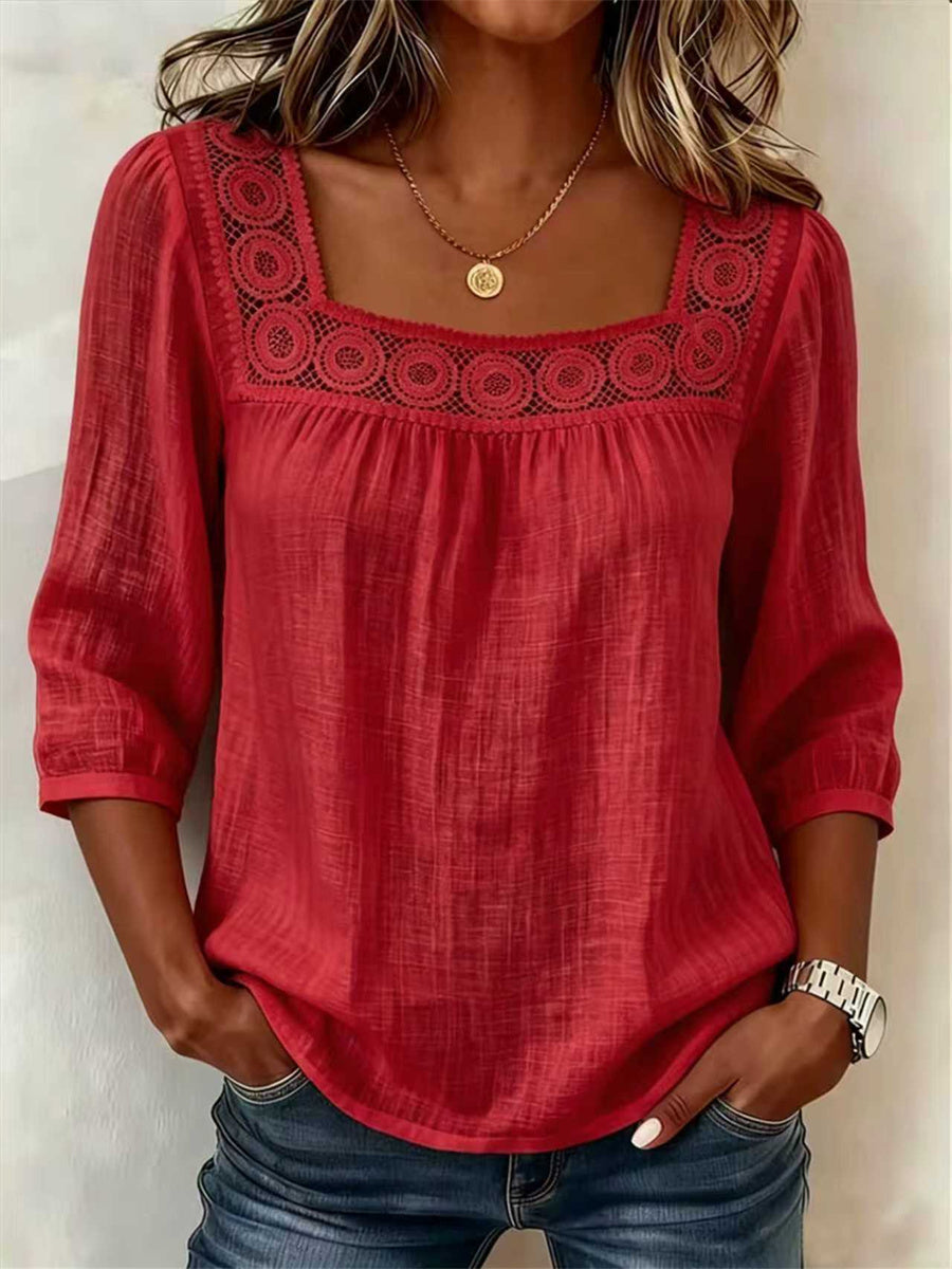 Damen-Boho-Tunika mit ausgeschnittenem Spitzen-Patchwork und bequemen Mittelärmeln