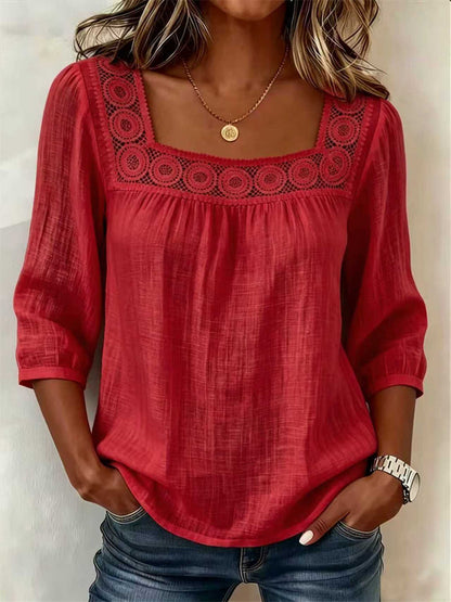 Damen-Boho-Tunika mit ausgeschnittenem Spitzen-Patchwork und bequemen Mittelärmeln