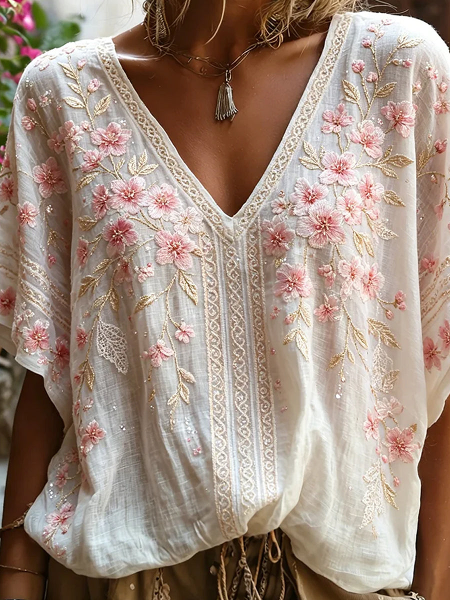 Damen-Top aus Baumwolle-Leinen im Vintage-Stil mit floraler Kunstprint-Optik