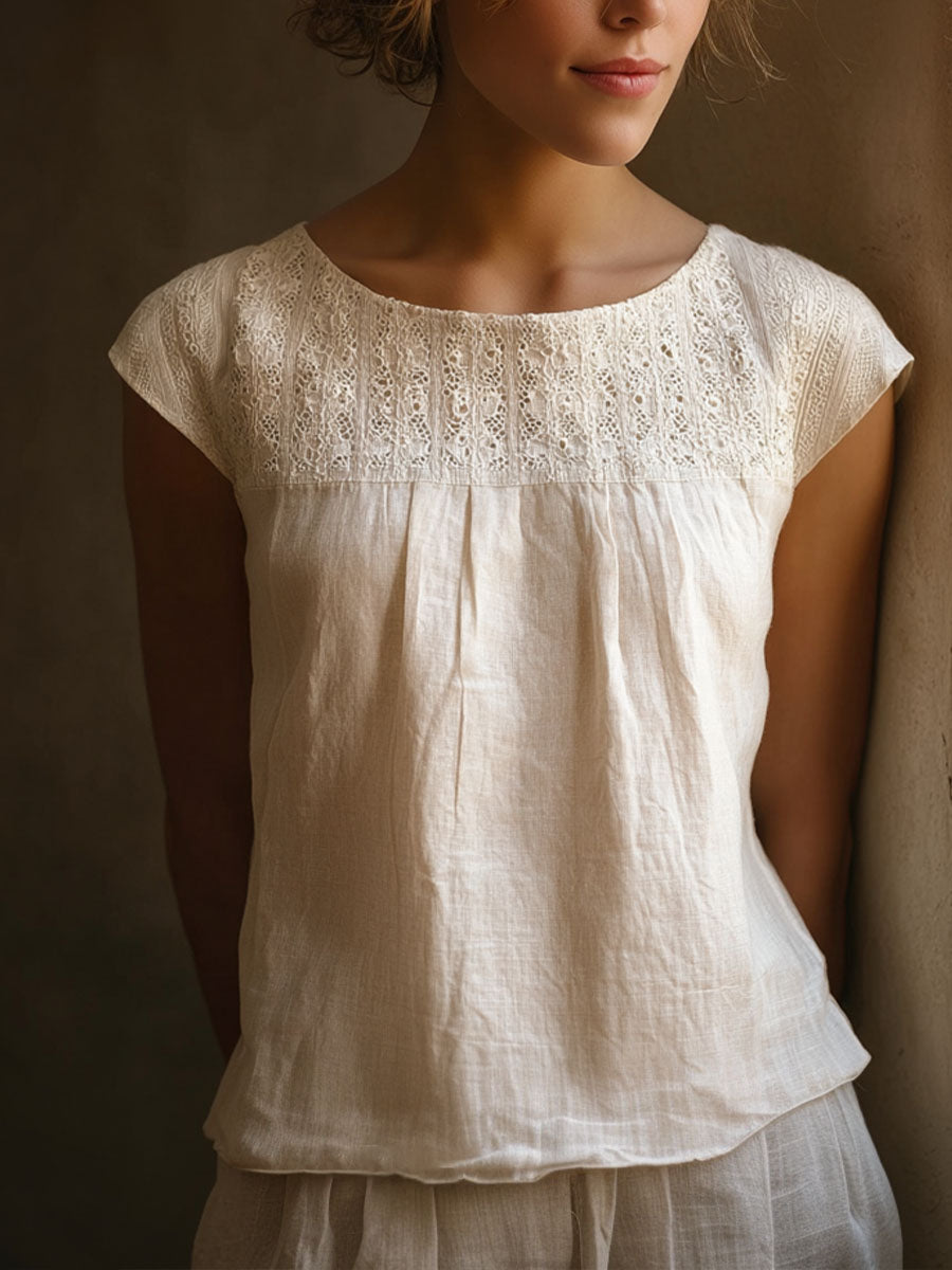 Damenhemd aus Leinen im Vintage-Stil mit Spitzen-Patchwork