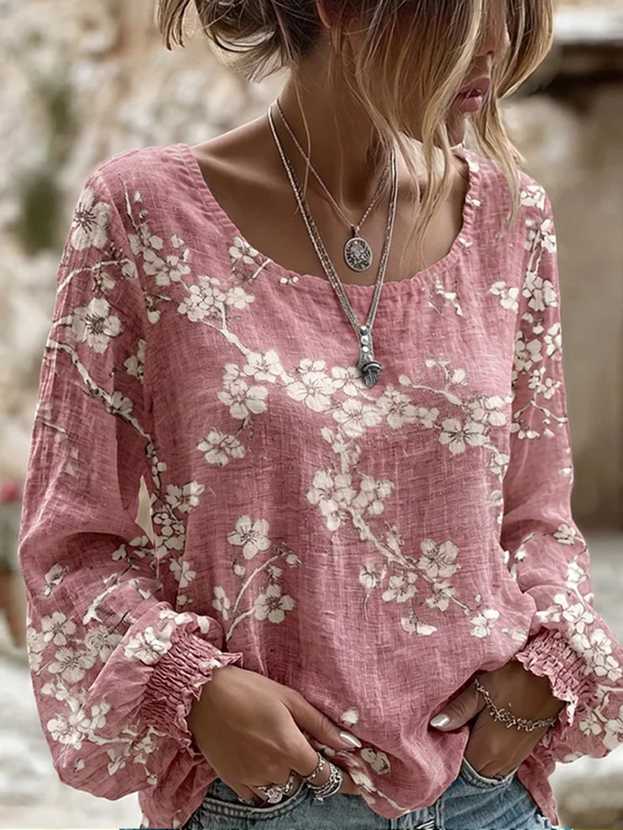 Damen-Top aus Baumwolle-Leinen im Vintage-Stil mit floraler Kunstprint-Optik