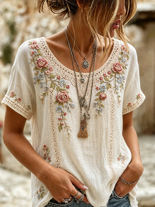 Damen-Top aus Baumwolle-Leinen im Vintage-Stil mit floraler Kunstprint-Optik