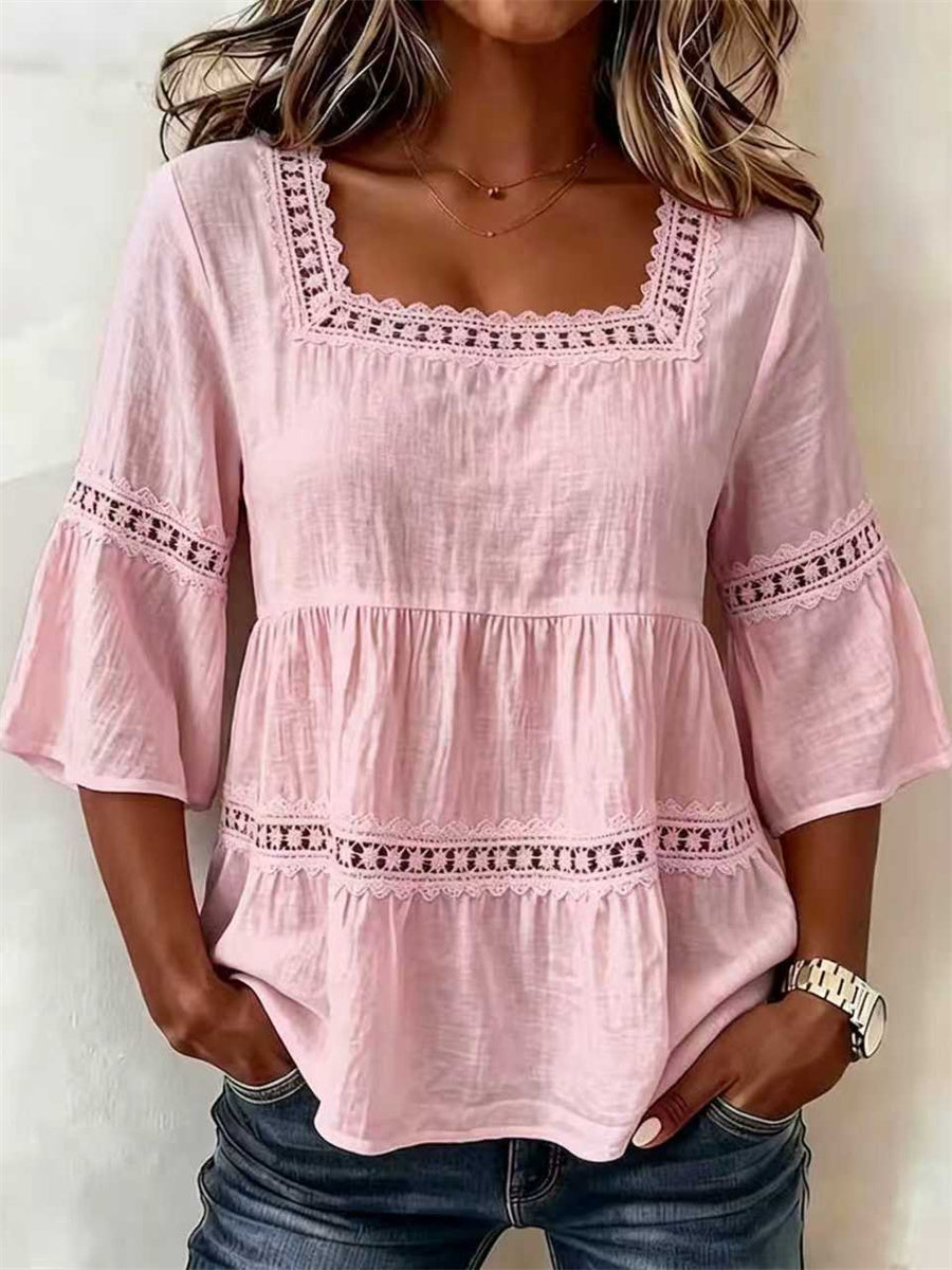 Damen-Vintage-Tunika aus Leinen mit floraler Spitzenrüsche am Saum und an den Ärmeln