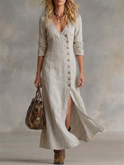 Damen-Vintage-elegantes Maxikleid mit seitlichen Knöpfen, Schlitz am Saum und fließendem Fall