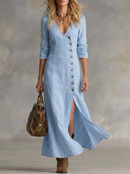 Damen-Vintage-elegantes Maxikleid mit seitlichen Knöpfen, Schlitz am Saum und fließendem Fall
