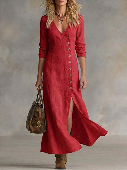 Damen-Vintage-elegantes Maxikleid mit seitlichen Knöpfen, Schlitz am Saum und fließendem Fall