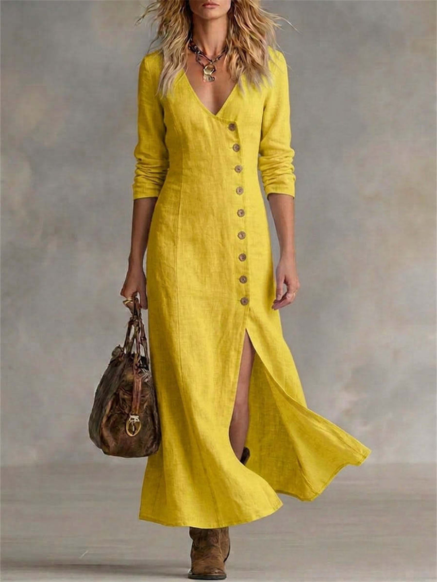 Damen-Vintage-elegantes Maxikleid mit seitlichen Knöpfen, Schlitz am Saum und fließendem Fall