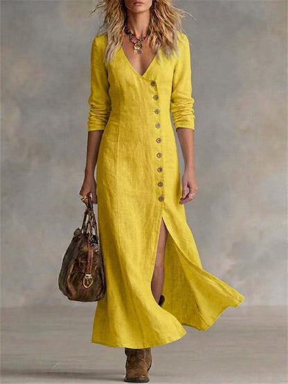 Damen-Vintage-elegantes Maxikleid mit seitlichen Knöpfen, Schlitz am Saum und fließendem Fall