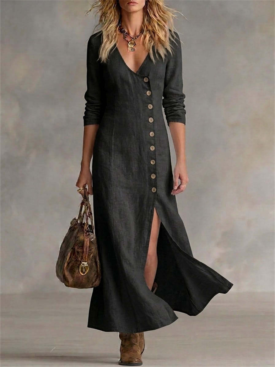 Damen-Vintage-elegantes Maxikleid mit seitlichen Knöpfen, Schlitz am Saum und fließendem Fall