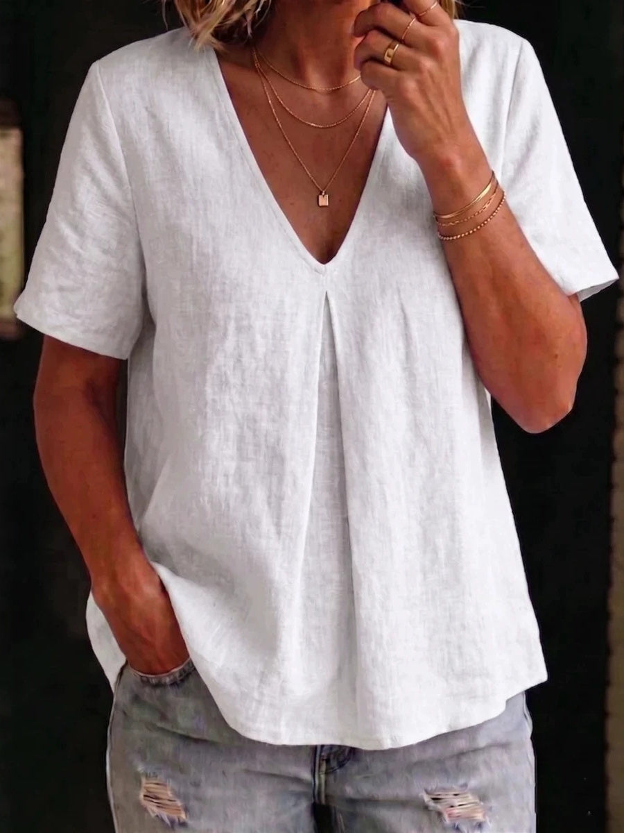 Einfaches, mittelenges V-Ausschnitt-Leinen-T-Shirt mit eingekniffener Taille und kurzen Ärmeln für Damen