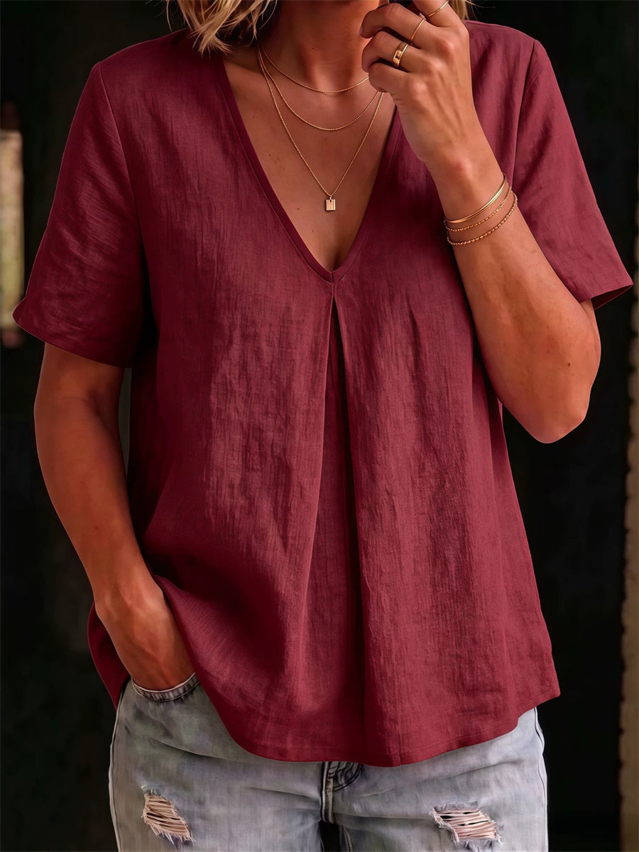 Einfaches, mittelenges V-Ausschnitt-Leinen-T-Shirt mit eingekniffener Taille und kurzen Ärmeln für Damen