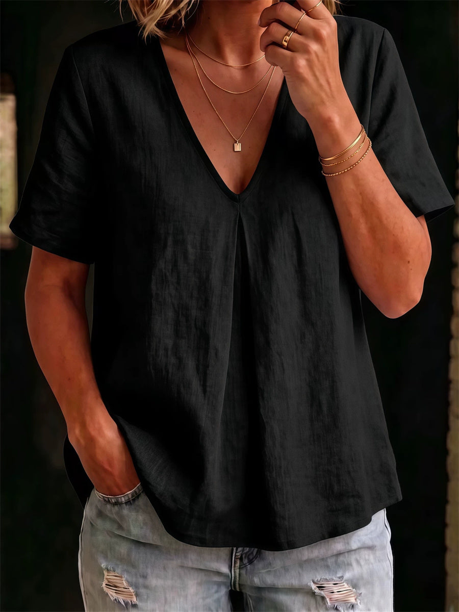 Einfaches, mittelenges V-Ausschnitt-Leinen-T-Shirt mit eingekniffener Taille und kurzen Ärmeln für Damen