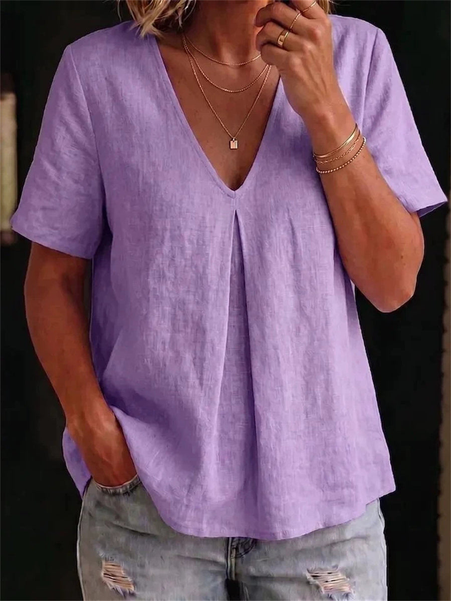 Einfaches, mittelenges V-Ausschnitt-Leinen-T-Shirt mit eingekniffener Taille und kurzen Ärmeln für Damen