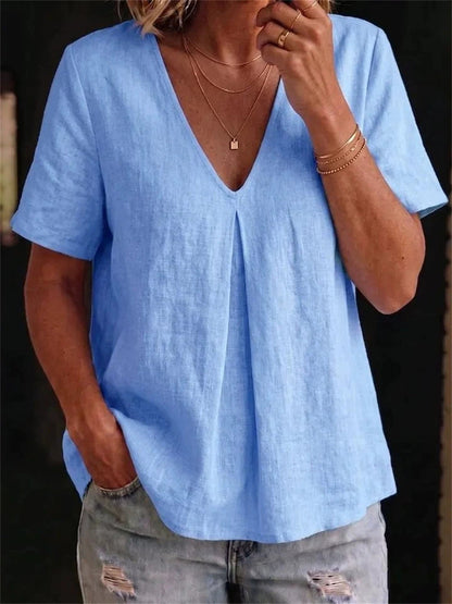 Einfaches, mittelenges V-Ausschnitt-Leinen-T-Shirt mit eingekniffener Taille und kurzen Ärmeln für Damen
