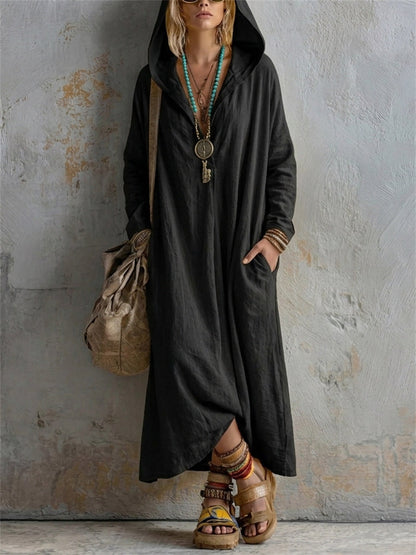 Einfaches, lässiges Leinen-Maxikleid mit Kapuze für Damen