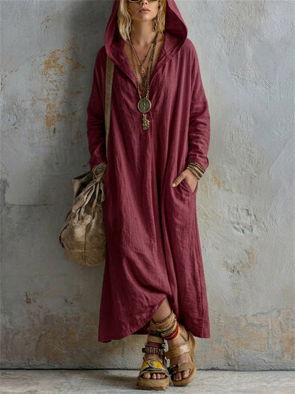 Einfaches, lässiges Leinen-Maxikleid mit Kapuze für Damen