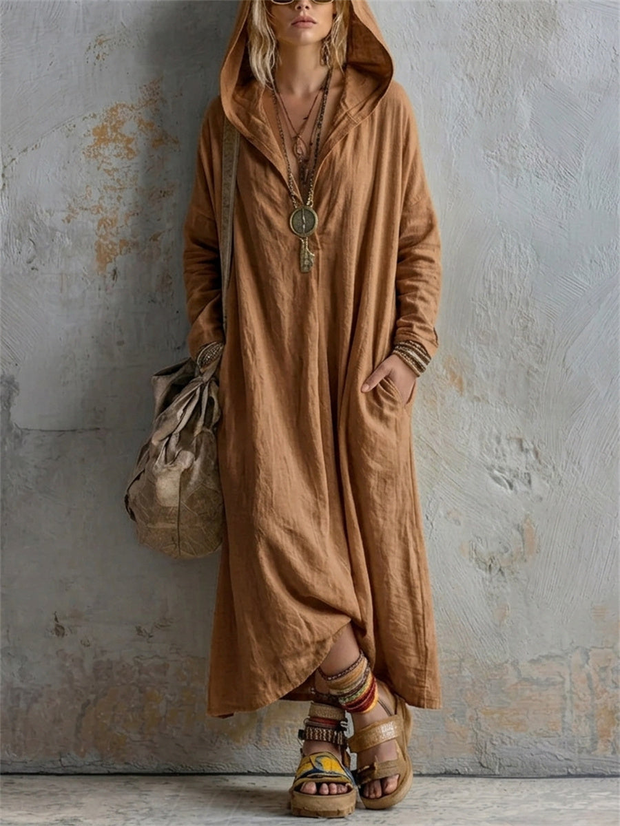 Einfaches, lässiges Leinen-Maxikleid mit Kapuze für Damen