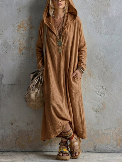 Einfaches, lässiges Leinen-Maxikleid mit Kapuze für Damen