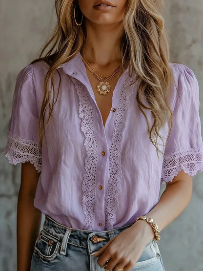 Damen-Shorts-Hemd im Vintage-Stil mit Spitzenbesatz und hohem Tragekomfort