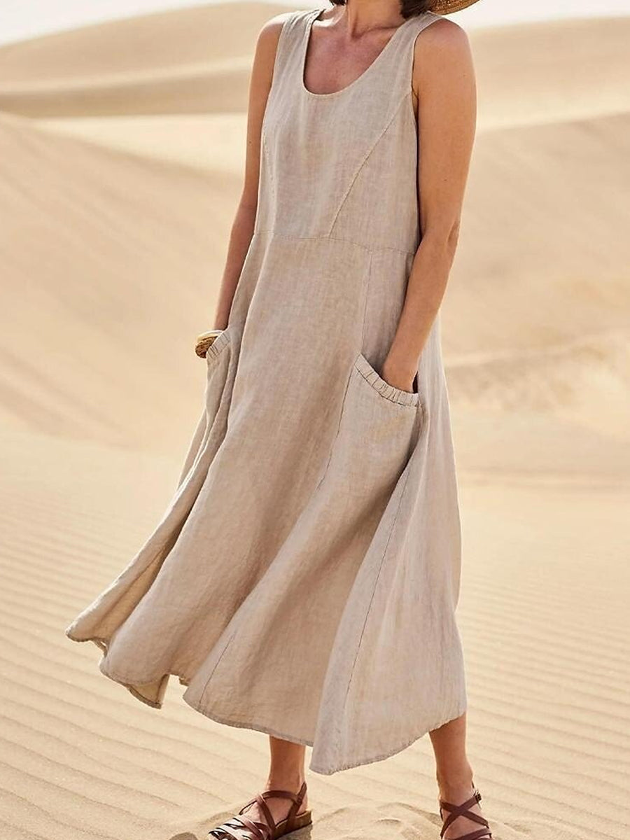 Damen-Casual-Eleganz-Midikleid aus Baumwolle ohne Ärmel