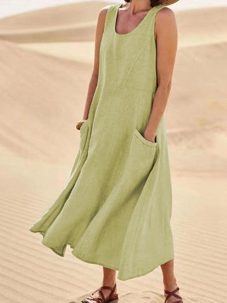 Damen-Casual-Eleganz-Midikleid aus Baumwolle ohne Ärmel