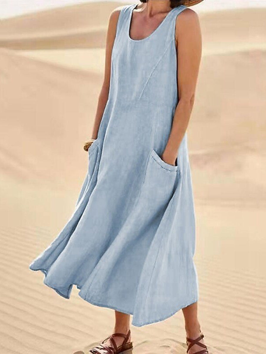 Damen-Casual-Eleganz-Midikleid aus Baumwolle ohne Ärmel