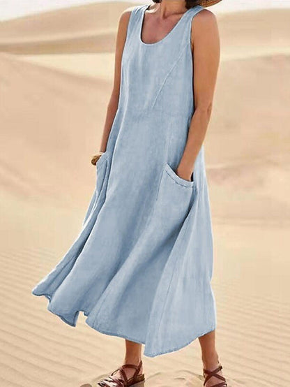 Damen-Casual-Eleganz-Midikleid aus Baumwolle ohne Ärmel