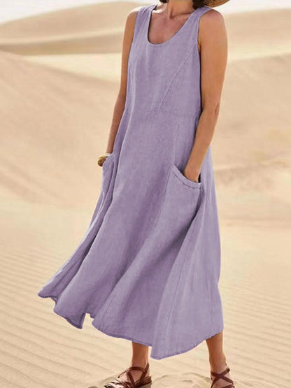 Damen-Casual-Eleganz-Midikleid aus Baumwolle ohne Ärmel