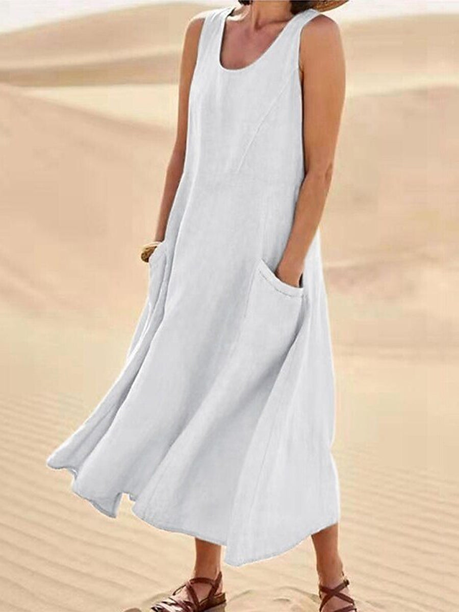 Damen-Casual-Eleganz-Midikleid aus Baumwolle ohne Ärmel