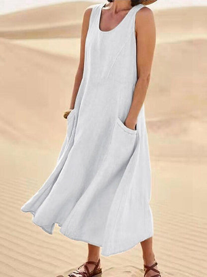 Damen-Casual-Eleganz-Midikleid aus Baumwolle ohne Ärmel