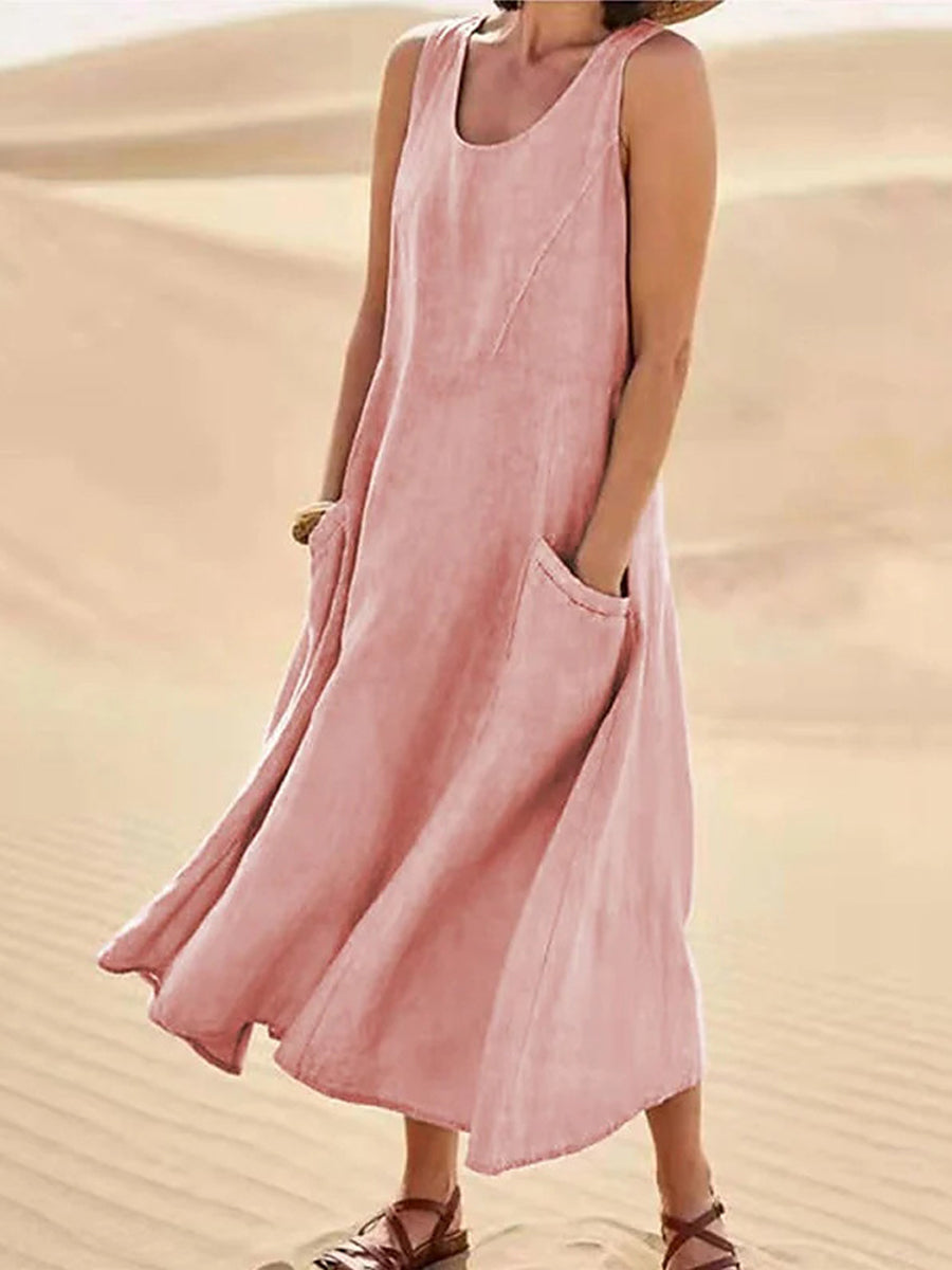 Damen-Casual-Eleganz-Midikleid aus Baumwolle ohne Ärmel